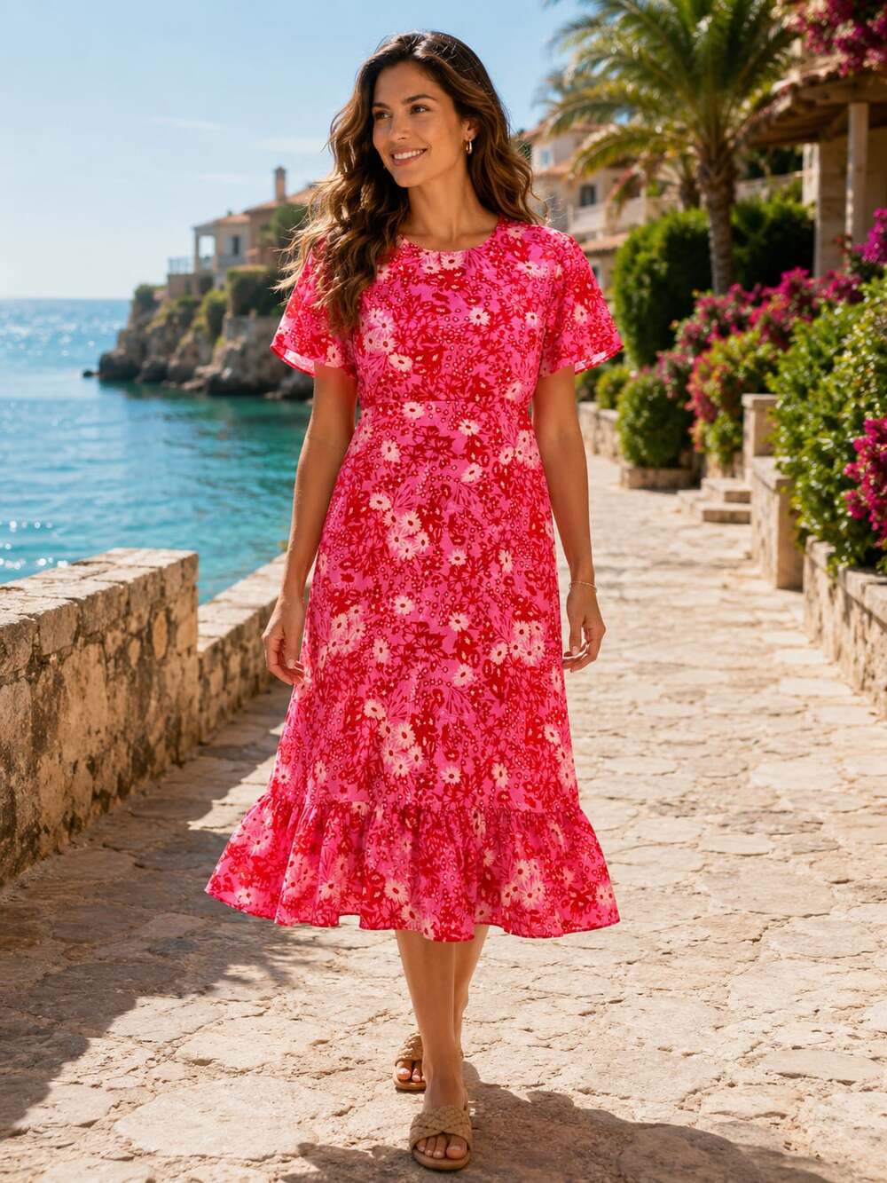 Sweet Salt Pink Red Floral Flutter Sleeve Ruffle Hem Mini Dress XL Romantic
